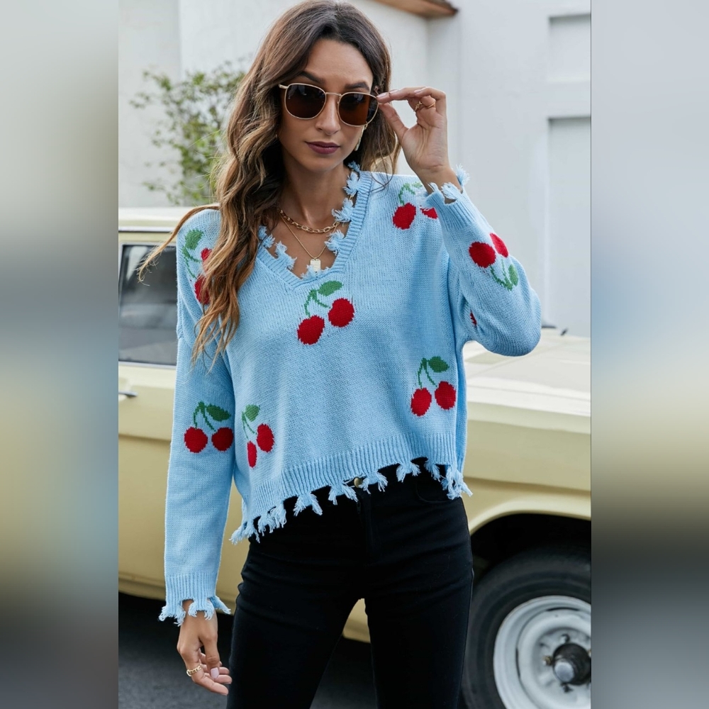 Red Cherry Crop Top Long Sleeve Torn Distressed Raw Hem Knit Pullover Sweater